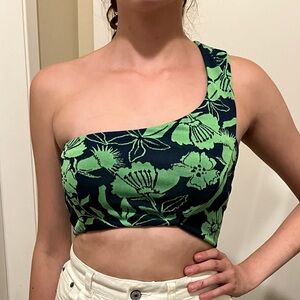 Zara Blue/Green Floral One Shoulder Asymmetric Crop Top